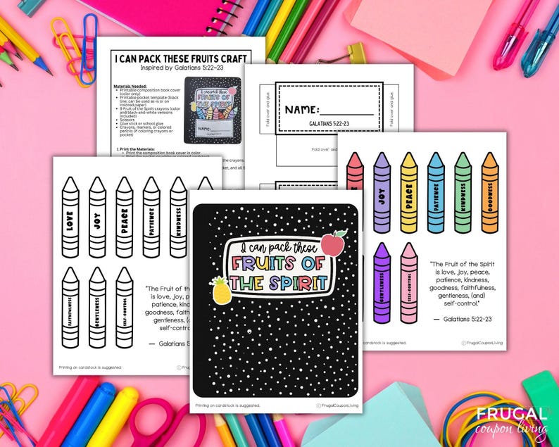 May include: Printable craft pages with the text "I Can Pack These Fruits Craft" and "Fruits of the Spirit." The pages feature crayon illustrations with words such as "Love," "Joy," and "Peace." The background is pink with colourful school supplies.