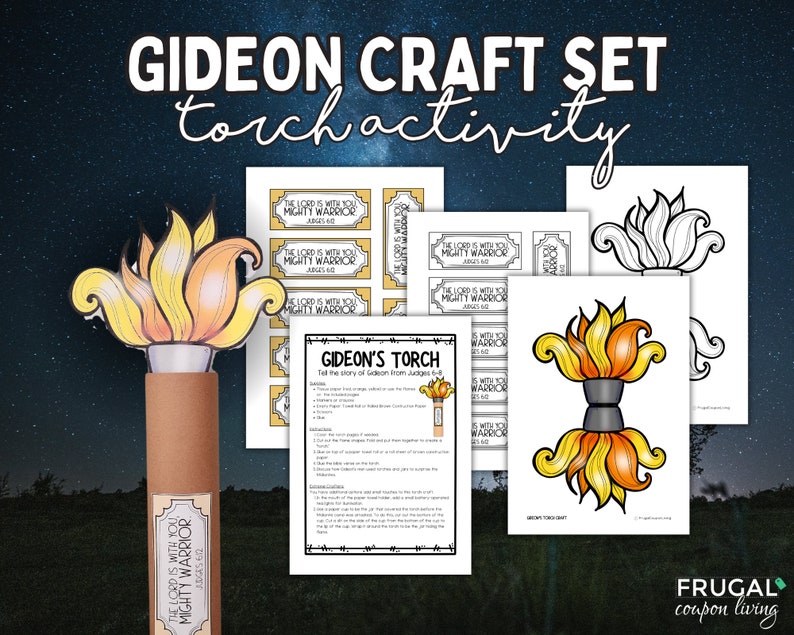May include: A craft set for kids to make a torch with a printable template and instructions. The torch features a yellow and orange flame with a brown handle. The printable template includes the text "The Lord is with you, Mighty Warrior, Judges 6:12".