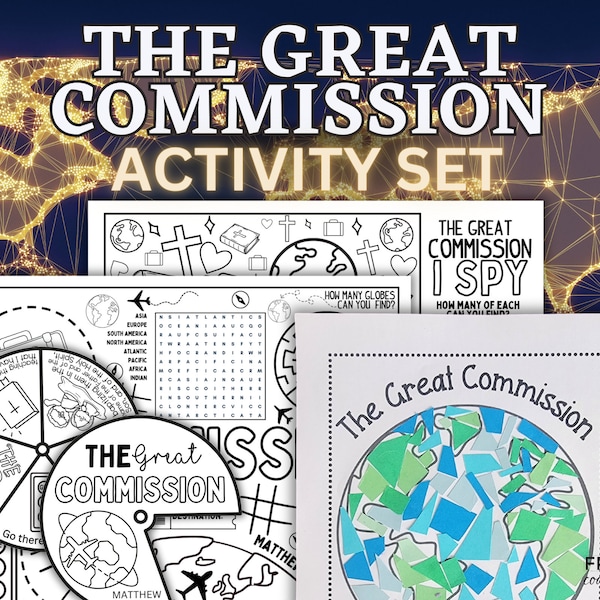 The Great Commission of Jesus Church Activity Sheets for Kids,- Matthew 28:19-20 Bible Verse Printable, Coloring Wheel, & Mosaic Art Craft