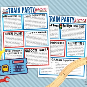 May include: A printable set of train-themed party games for kids. The games include "Collect the Coal", "Follow the Locomotive", "Musical Engines", "Four Stations", "Heigh-Ho Relay", "Caboose Tag", "Train Toss", "Red Light, Green Light", "Train Conductor", and "Railway Yard".