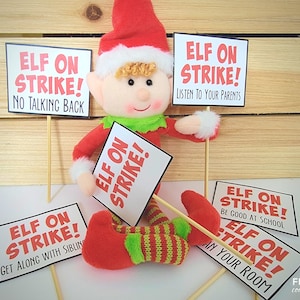 Znaki „Elf na strajku”, 6 listów o zachowaniu elfów, oficjalne zawiadomienie, raporty elfów – zestaw do druku ostrzeżeń o złym zachowaniu elfów