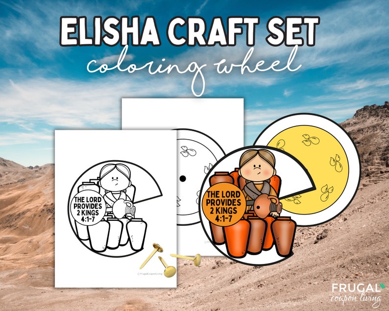 May include: Black and white coloring page featuring Elisha and the jars of oil. The page includes the text "The Lord Provides 2 Kings 4:1-7".