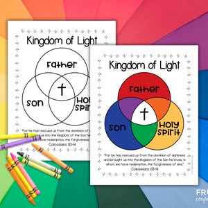 Holy Trinity Kingdom of Light Art for Kids, 3 Circle Color Wheel Venn Diagram Christian Trinity Coloring Page PDF - Father, Son, Holy Spirit