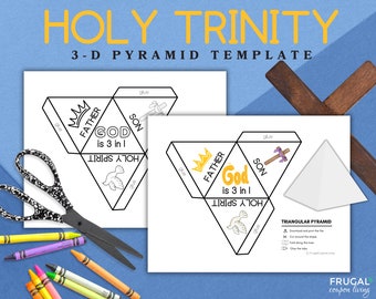 Holy Trinity Pyramid Printable Template, God 3-in-1 Trinity Sunday School Craft, Printable 3-D Pyramid Worksheet, Father, Son, Holy Spirit