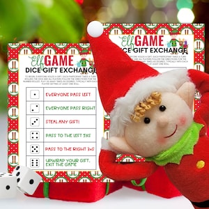 Puede incluir: Imagen navideña con un muñeco de elfo con traje y gorro rojos, y una tarjeta de juego titulada "Elf Game Dice Gift Exchange". La tarjeta del juego tiene instrucciones y resultados de lanzamiento de dados. También se ven dos dados blancos y un regalo envuelto.