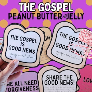 May include: Cards with a bread-shaped design and the text "THE GOSPEL IS GOOD NEWS" are displayed. The cards are white with a tan border and black text. The background is purple with orange polka dots.