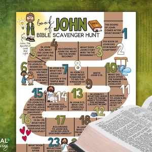 May include: A colorful Bible scavenger hunt poster for the Book of John, with questions and answers. The poster includes illustrations and text, with a partially visible open book in the foreground.