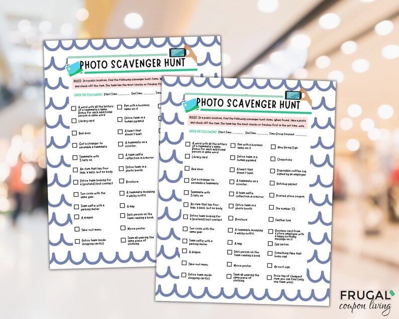 May include: Two blue and white photo scavenger hunt checklists with a wavy border. The checklists have a list of items to find and check off. The title of the checklist is "Photo Scavenger Hunt".