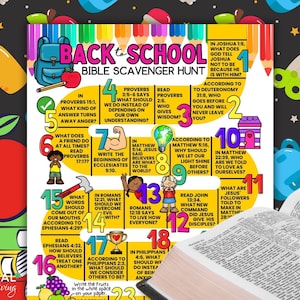 May include: A Back to School Bible Scavenger Hunt game sheet featuring a yellow path with eighteen numbered steps, each containing a Bible-related question. The design includes colorful illustrations of a backpack, apple, hammer, trophy, and lightbulb.