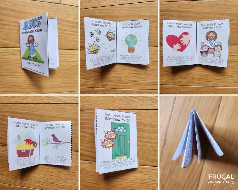 Puede incluir: Un mini libro imprimible para ni&ntilde;os sobre el Serm&oacute;n de la Monta&ntilde;a. El libro tiene ilustraciones coloridas e incluye vers&iacute;culos b&iacute;blicos de Mateo. El libro est&aacute; doblado y listo para ser ensamblado.