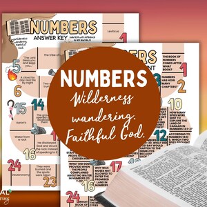 May include: Two colorful educational posters with the title "NUMBERS" and the phrases "Wilderness wandering. Faithful God." The posters have numbered sections with related text and a partially visible open book.