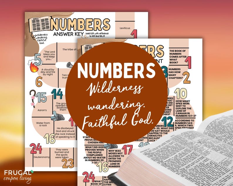 May include: Two colorful educational posters with the title "NUMBERS" and the phrases "Wilderness wandering. Faithful God." The posters have numbered sections with related text and a partially visible open book.