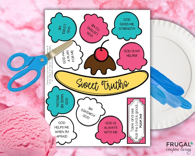 Puede incluir: Una hoja de actividades imprimible titulada Sweet Truths con ilustraciones de bolas de helado, un pl&aacute;tano y una cereza. La hoja incluye burbujas de texto con frases religiosas, tijeras azules y un plato blanco con trazos de pintura.