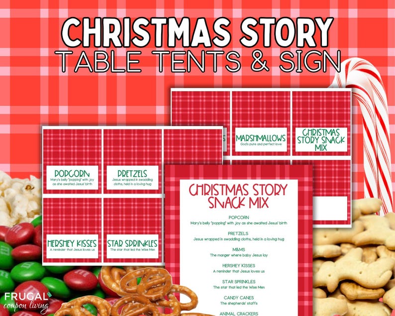 May include: A set of printable Christmas Story table tents and a sign featuring a red and white plaid pattern. The cards include labels for snacks like popcorn, pretzels, marshmallows, and Hershey Kisses, each with a short religious description.