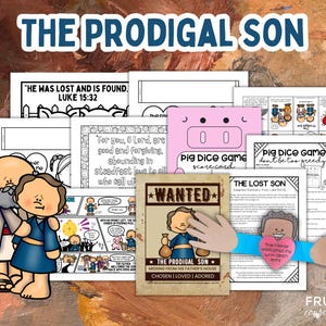 May include: A printable set of educational resources for teaching children about the biblical parable of the Prodigal Son. The set includes coloring pages, a comic strip, a game board, and a wanted poster. The resources are designed to be used in a classroom or at home.