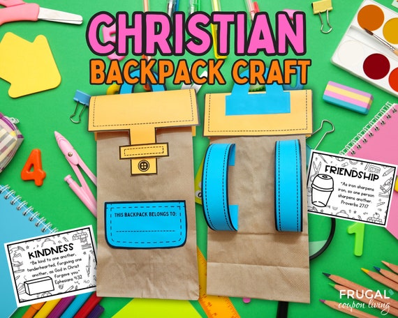 Back to School Backpack Craft, Christian First Day of School Activity, Sunday School Kids Backpack Blessing Prayer Gift Tag & Bible Verses