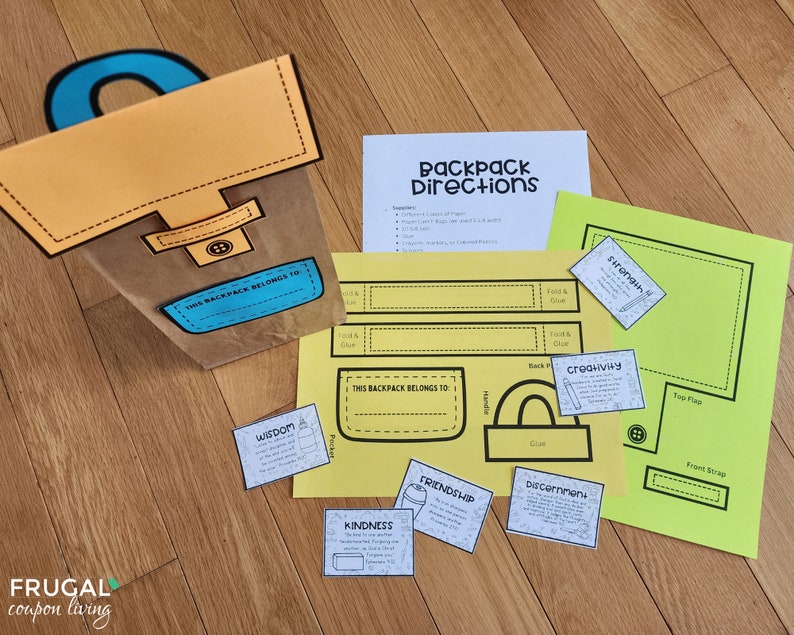 May include: A brown paper bag with a yellow and blue backpack design. The bag has a pocket with the text "This backpack belongs to." There are several yellow and green paper cutouts of a backpack with different compartments labelled "Food & Glut", "Back Pack", "Handle", "Top Flap", "Front Strap", and "Gusset". There are also several small cards with different words on them, including "Wisdom", "Kindness", "Friendship", "Creativity", "Discernment", and "Strength".
