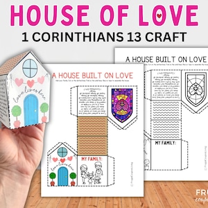 1 Corinthians 13:4-7 Craft for Kids, Love Lives Here 3-D Paper House Craft, "Love Is..." Printable Christian Activity, Sunday School Family