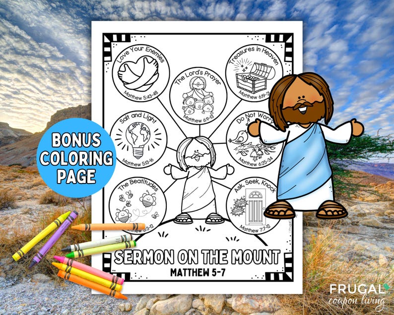 Puede incluir: Una p&aacute;gina para colorear en blanco y negro que presenta un serm&oacute;n en la monta&ntilde;a con Jes&uacute;s en el centro y varios vers&iacute;culos b&iacute;blicos a su alrededor. La p&aacute;gina se titula "Serm&oacute;n en la Monta&ntilde;a" y "Mateo 5-7".