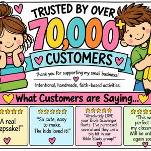 Puede incluir: Un gr&aacute;fico colorido con dos ni&ntilde;os de dibujos animados, uno con una pila de libros y otro sosteniendo un l&aacute;piz grande. El texto dice Trusted by over 70,000+ customers, Thank you for supporting my small business y What Customers are Saying.