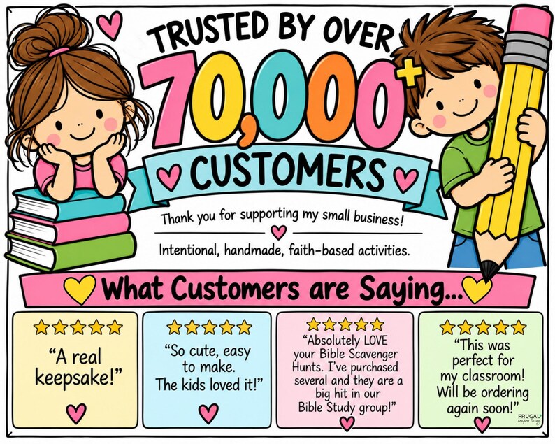 Puede incluir: Un gr&aacute;fico colorido con dos ni&ntilde;os de dibujos animados, uno con una pila de libros y otro sosteniendo un l&aacute;piz grande. El texto dice Trusted by over 70,000+ customers, Thank you for supporting my small business y What Customers are Saying.
