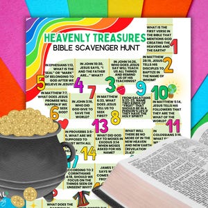 Peut inclure: Un jeu de chasse au trésor biblique imprimable coloré avec un pot de pièces d'or. Le jeu propose des questions sur la Bible avec des réponses correspondantes. Le jeu est conçu pour aider les gens à en apprendre davantage sur la Bible.