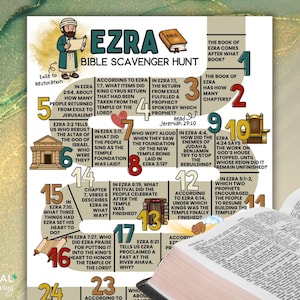 Ezra Bible Scavenger Hunt, Exile to Restoration Bible Trivia Game on the Book of Ezra, Old Testament Bible Study Printable Activity Set