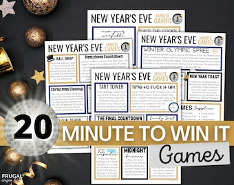 Może przedstawiać: Kolekcja wydrukowanych kart do gry zatytułowanych New Year's Eve Minute Games, zawierająca instrukcje do zabaw takich jak Ball Drop, Tart Tower i Midnight Kisses, ze złotymi i czarnymi akcentami oraz grafiką kuli dyskotekowej.