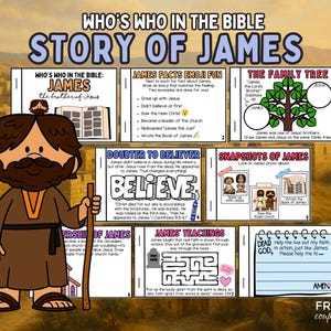 May include: A colorful educational graphic titled "Who's Who in the Bible: Story of James." The image features a cartoon illustration of James holding a staff, surrounded by text boxes with facts, a family tree, and a maze.