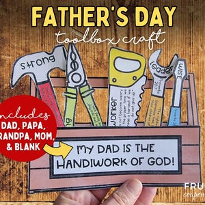 Puede incluir: Una manualidad de caja de herramientas para el Día del Padre con herramientas de papel, incluyendo un martillo, alicates, sierra, llave y destornillador. La caja de herramientas tiene el texto "My Dad is the Handiwork of God!" e incluye opciones.