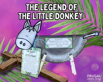 May include: A craft project featuring a paper plate donkey with the text "THE LEGEND OF THE LITTLE DONKEY". The donkey has a gray head and is attached to a paper plate. A wooden cross and text are also included.