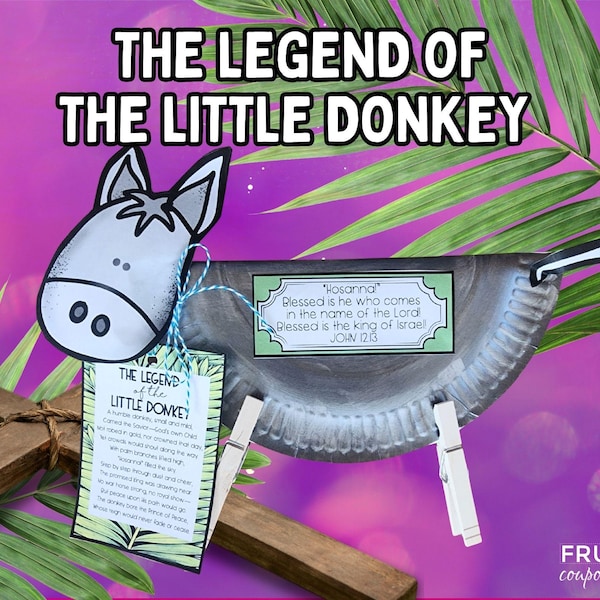 以下が含まれることがあります： The Legend of the Little Donkeyと題された工作プロジェクト。皿で作られた灰色の紙のロバの体、白い洗濯バサミの脚、テキスト付きのタグが特徴です。体にある緑色のラベルにはHosannaと書かれています。