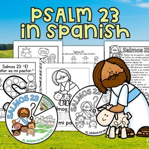 Może przedstawiać: Czarno-białe strony do kolorowania z ilustracjami Jezusa, pasterza i owiec. Strony zawierają tekst "Salmos 23" i "El Señor es mi pastor."