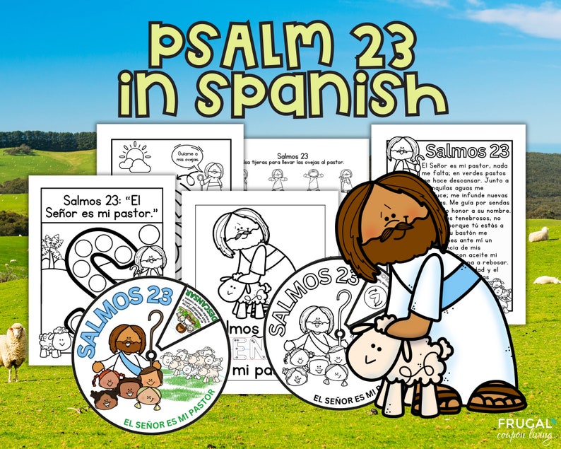 May include: Black and white coloring pages featuring illustrations of Jesus, a shepherd, and sheep. The pages include the text "Salmos 23" and "El Se&ntilde;or es mi pastor."