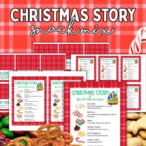 May include: A printable Christmas Story snack mix card featuring a red plaid background, green and black text, and illustrations of popcorn, pretzels, M&Ms, Hershey Kisses, star sprinkles, candy canes, animal crackers, and marshmallows.