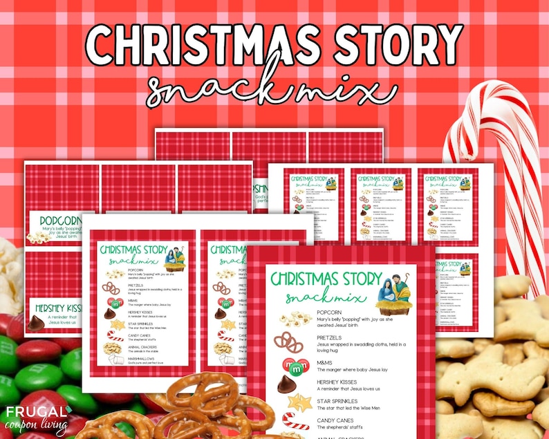 May include: A printable Christmas Story snack mix card featuring a red plaid background, green and black text, and illustrations of popcorn, pretzels, M&Ms, Hershey Kisses, star sprinkles, candy canes, animal crackers, and marshmallows.