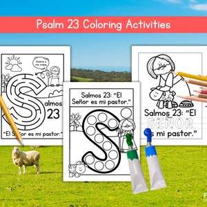 May include: Black and white coloring pages featuring a maze, dot-to-dot, and a shepherd with a lamb. The pages include the Spanish text "Salmos 23" and "El Se&ntilde;or es mi pastor".