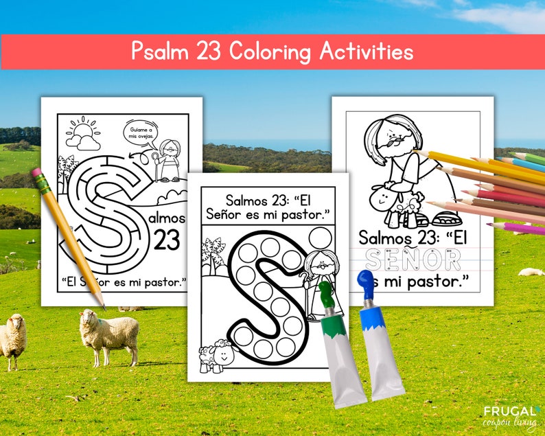 May include: Black and white coloring pages featuring a maze, dot-to-dot, and a shepherd with a lamb. The pages include the Spanish text "Salmos 23" and "El Se&ntilde;or es mi pastor".