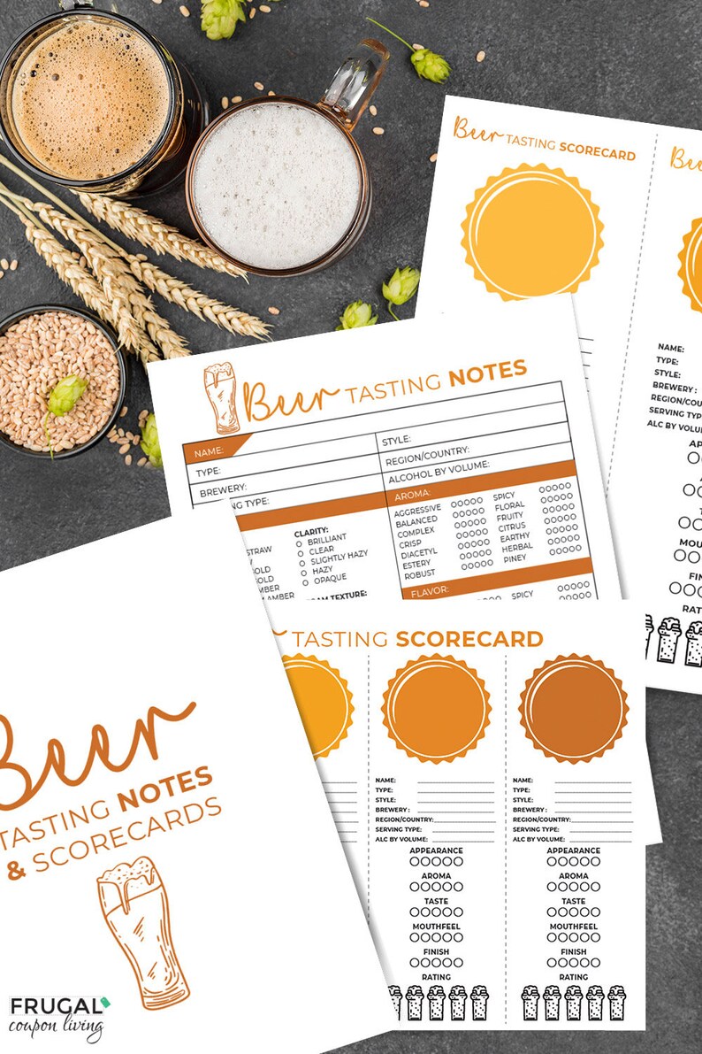 May include: Overhead shot of beer tasting notes and scorecards with two glasses of beer, wheat stalks, and hops. The scorecards have a sunburst design and space for notes. The words "Beer Tasting Notes & Scorecards" are visible.
