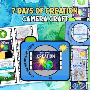 Puede incluir: Una colorida manualidad educativa titulada "7 Days of Creation Camera Craft". El diseño presenta una forma de cámara azul con el texto "I SPY GOD'S CREATION" y una tira de película que muestra los días de la creación. El fondo es un diseño de acuarela.