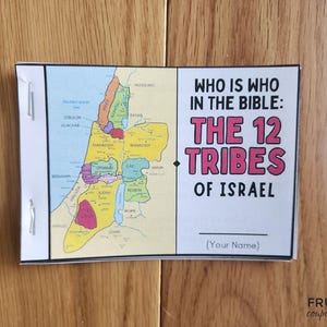 Pode incluir: Um mapa colorido das 12 tribos de Israel com o t&iacute;tulo "Quem &eacute; quem na B&iacute;blia: As 12 tribos de Israel".