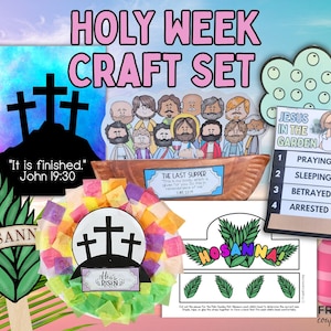 May include: A Holy Week Craft Set with various elements. Includes a paper cutout of the Last Supper, a scene of Jesus in the garden, a cross-shaped wreath, and palm fronds. The set features the text "Holy Week Craft Set".