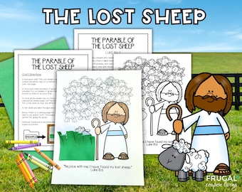 May include: A printable craft activity for children featuring a black and white illustration of Jesus with a shepherd's staff and a sheep. The craft includes a green grass background and a quote from the Bible: "Rejoice with me, I have found my lost sheep." Luke 15:6.