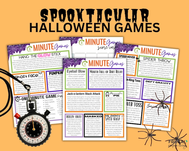 Op de afbeelding: Een verzameling Halloween-spellen met de titel "Spooktacular Halloween Games". De spellen omvatten "Hang the Glow Stick", "Ghost Face" en "Spider Throw". Een stopwatch staat op de voorgrond, de spellen zijn op A4-papier gedrukt.