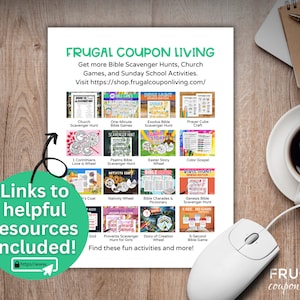 May include: A digital download of printable Bible scavenger hunts, games, and activities for church or Sunday school. The image shows a variety of colourful printable games with titles like "Church Scavenger Hunt", "One-Minute Bible Games", "Exodus Bible Scavenger Hunt", and "Easter Story Wheel".