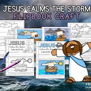 Puede incluir: Una manualidad de libro animado imprimible para niños con una ilustración colorida de Jesús calmando la tormenta en un barco con sus discípulos. El libro animado incluye el versículo bíblico Lucas 8:22-25 y espacio para que un niño escriba su nombre.