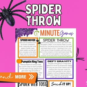 Op de afbeelding: Een kleurrijk Halloween-thema spelblad getiteld "Spider Throw" met instructies voor verschillende minuutspellen. Het blad bevat spelbeschrijvingen zoals "Spider Mover" en "Defy Gravity", en bevat decoratieve plastic spinnen.