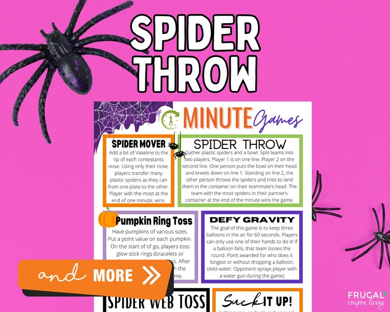 Op de afbeelding: Een kleurrijk Halloween-thema spelblad getiteld "Spider Throw" met instructies voor verschillende minuutspellen. Het blad bevat spelbeschrijvingen zoals "Spider Mover" en "Defy Gravity", en bevat decoratieve plastic spinnen.