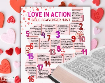 Love Bible Scavenger Hunt, Christian Valentine&#39;s Day Trivia Questions for Kids, Printable Bible Verses on Love Sunday School Game for Church