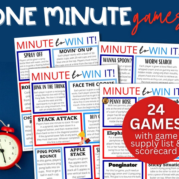 Minute to Win it Games Directions & Supply List | 24 Party Games for Kids or Adults | Family Game Night 60-Second Challenge Fun Game Ideas